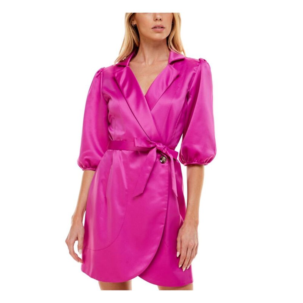 SPEECHLESS Womens Wrap Dress Short Pink Pouf Sleeve Surplice Neckline Juniors 1
